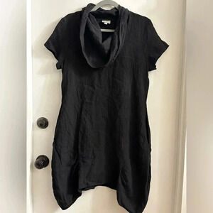 NICHE NILGUN DERMAN Dress Small Black Crinkle Cotton Cowl Neck Lagenlook